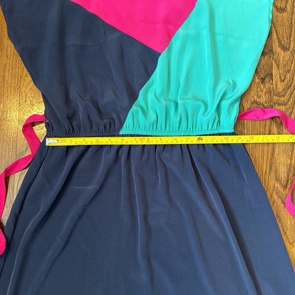Navy Blue Color Block Dress with Pink Tie Around Waist - Picture 5 of 9